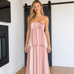 Women's Strapless Striped Tiered Maxi Dress with Smocked Back