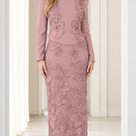 Elegant Beaded Floral Lace Long Sleeve Column Evening Maxi Dress