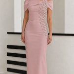 Asymmetrical Off-Shoulder Rhinestone Embellished Column Maxi Gown