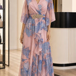 Floral Chiffon V-Neck Maxi Dress with Embellished Waist and Flutter Sleeves
