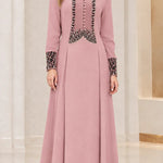 Velvet Trim Beaded Bodice Long Sleeve Maxi Dress