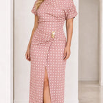 Women's Asymmetrical Neckline Polka Dot Midi Dress with Ruched Buckle Detail
