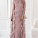 Floral Print Long Sleeve Chiffon Maxi Dress with Cascading Side Ruffles