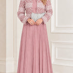 Sequined Jacket Overlay Pleated Maxi Evening Dress with Embellished Waist Detail