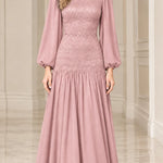 Elegant Mock Neck Lace Bodice Long Sleeve Chiffon Maxi Dress