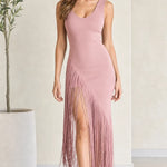 Women's Sleeveless Fringe Slit Maxi Dress