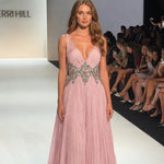 Pleated V-Neck Embellished Floor-Length Evening Gown