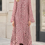 Elegant Tie-Neck Handkerchief Hem Maxi Dress with Long Sleeves