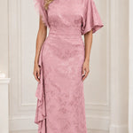 Embellished High-Neck Jacquard Maxi Dress with Flutter Sleeves and Cascade Ruffle