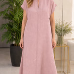 Women's Casual Linen-Feel Keyhole Maxi Dress with Back Tie Detail
