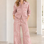Vintage Paisley Print Denim Shirt and Wide-Leg Pants Set