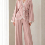 Lace Trim Wrap Blazer and Wide-Leg Pants Two-Piece Suit Set