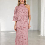 One-Shoulder High Neck Embellished Maxi Dress with Draped Flutter Sleeve