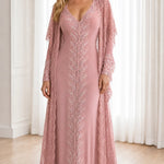 Sequin Embroidered V-Neck Maxi Evening Gown with Sheer Lace Duster Jacket Set