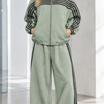 Women's Striped Zip-Up Track Jacket and Wide-Leg Sweatpants Set
