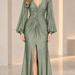 Deep V-Neck Pleated Long Sleeve Twist Front Evening Gown with Slit