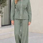 Women's Drawstring Waist Zip-Up Hoodie and Wide Leg Pants Two-Piece Lounge Set