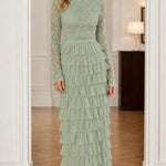 Elegant Lace Mock Neck Tiered Ruffle Maxi Dress