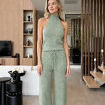 Sleeveless Mock Neck Knit Top and Wide-Leg Pants Two-Piece Set