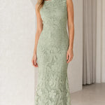 Sleeveless Floral Lace Boatneck Maxi Dress Formal Evening Gown