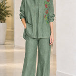 Women's Floral Embroidered Denim Shirt and Wide-Leg Pants Set