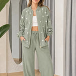 Women's Pearl Embellished Zip Bomber Jacket and Wide-Leg Pants 2-Piece Set