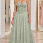 Strapless Glitter Tulle Sweetheart Corset Evening Gown