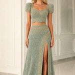Two-Piece Beaded Evening Gown Set with Puff Sleeves and High Slit Skirt