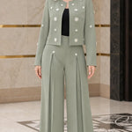 Star Embellished Cropped Jacket and Pleated Wide Leg Pants 2-Piece Suit Set