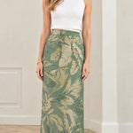 High-Waisted Metallic Jacquard Column Maxi Skirt with Feather Trim