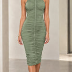 High Neck Metallic Collar Ruched Sleeveless Midi Dress