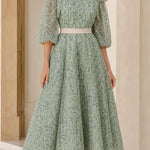 Cold Shoulder Embroidered Lace Midi Dress with Puff Sleeves and Tie Waist