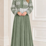 Sequined Jacket Overlay Pleated Maxi Evening Dress with Embellished Waist Detail