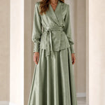 Elegant Satin Wrap Blazer Top and Maxi Skirt Two-Piece Set