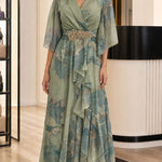 Floral Chiffon V-Neck Maxi Dress with Embellished Waist and Flutter Sleeves