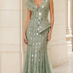 Mirrored Sequin Embellished Peplum Mermaid Evening Gown