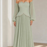 Off-The-Shoulder Beaded Scallop Choker Pleated Maxi Evening Gown