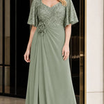 Elegant Sequin V-Neck Flare Sleeve Formal Evening Gown