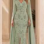 Embellished Cape Sleeve Evening Gown with Front Slit
