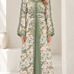 Floral Embroidered Moroccan Kaftan Maxi Dress with Belt