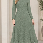Women's Micro Dot Print Long Sleeve Midi Dress Elegant A-Line Pleated Hem Dress