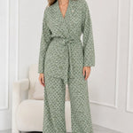 Women's Geometric Print Belted Blazer and Wide-Leg Pants Set