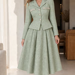 Elegant Pearl Embellished Tweed Blazer and Flared Midi Skirt Set