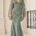 Floral Lace Cape Sleeve Mermaid Evening Gown with Corset Bodice