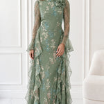 Floral Print Long Sleeve Chiffon Maxi Dress with Cascading Side Ruffles