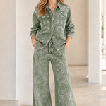 Vintage Paisley Print Denim Shirt and Wide-Leg Pants Set