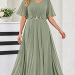 Elegant V-Neck Flutter Sleeve Chiffon Maxi Evening Dress with Embellished Waist