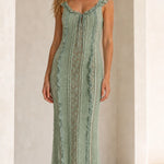 Women's Ruffled Lace Trim Maxi Dress with Lace-Up Back