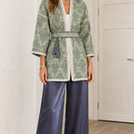 Women's Elegant Jacquard Belted Kimono Cardigan with Tassel Tie