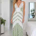 Polka Dot Lace Trim V-Neck Backless Maxi Dress